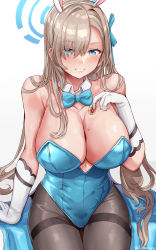 Rule 34 | 1girl, animal ears, asuna (blue archive), asuna (bunny) (blue archive), bare shoulders, blue archive, blue bow, blue bowtie, blue eyes, blue leotard, blush, bow, bowtie, breasts, cleavage, collarbone, detached collar, elbow gloves, eyes visible through hair, fake animal ears, gloves, hair ornament, halo, highres, himuro shunsuke, large breasts, leotard, light brown hair, long hair, looking at viewer, mole, mole on breast, pantyhose, parted lips, playboy bunny, rabbit ears, sitting, smile, solo, thighs, traditional bowtie, white gloves