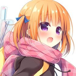 Rule 34 | 1girl, :d, blue ribbon, blush, brown hoodie, commentary request, drawstring, fringe trim, hair ribbon, hanamiya natsuka, hood, hood down, hoodie, looking away, open mouth, orange hair, original, pink scarf, purple eyes, ribbon, scarf, simple background, smile, solo, two side up, upper body, white background
