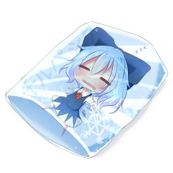 Rule 34 | 1girl, akisha, bad id, bad pixiv id, blue dress, blue hair, cirno, closed eyes, cold pack, dress, drooling, mundane utility, outstretched arms, puffy sleeves, short sleeves, simple background, sleeping, solo, touhou, white background, zzz