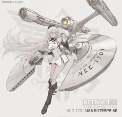 Rule 34 | 1girl, alternate costume, azur lane, bare shoulders, beret, black hat, boots, breasts, commentary, detached sleeves, dishwasher1910, dress, english commentary, english text, enterprise (azur lane), full body, grey background, hat, large breasts, long hair, mecha musume, name connection, phaser, pointy ears, purple eyes, ship girl, solo, spacecraft, star trek, star trek the original series, underbust, uss enterprise (star trek), uss enterprise ncc-1701, white dress, white hair