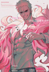 Rule 34 | 1boy, abs, blonde hair, commission, cowboy shot, donquixote doflamingo, earrings, grin, jewelry, lalatia-meai, long sleeves, looking at viewer, male focus, muscular, muscular male, navel, obliques, one piece, open clothes, open shirt, pectoral cleavage, pectorals, pink theme, short hair, smile, stomach, sunglasses