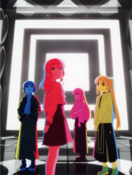 Rule 34 | 4girls, absurdres, ahoge, arms behind back, belt, black choker, black footwear, blazer, blonde hair, blue eyes, blue footwear, blue hair, bocchi the rock!, bow, brown footwear, brown jacket, choker, commentary, cover, dress, dvd cover, gotoh hitori, hair ornament, hairclip, highres, ijichi nijika, jacket, kerorira, kita ikuyo, leather, leather jacket, loafers, long hair, long skirt, long sleeves, looking at viewer, mole, mole under eye, multicolored hair, multiple girls, non-web source, official art, one side up, pleated dress, red bow, red eyes, red hair, sailor collar, scan, school uniform, shoes, short hair, side ponytail, skirt, white jacket, white sailor collar, wide sleeves, yamada ryo, yellow eyes