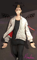 Rule 34 | 1boy, artist name, black hair, black pants, black shirt, blonde hair, collarbone, commentary request, drawn wings, earrings, grey background, grin, hanma shuuji, highres, jacket, jewelry, long sleeves, looking at viewer, male focus, multicolored hair, open clothes, open jacket, pants, ramfu, red ribbon, ribbon, shadow, shirt, short hair, signature, simple background, single earring, sleeves past wrists, smile, solo, spiked hair, teeth, tokyo revengers, two-tone hair, undercut, walking, white jacket, yellow eyes, zipper, zipper pull tab