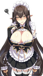 Rule 34 | 1girl, alternate costume, apron, black dress, black thighhighs, blush, breasts, bridal gauntlets, brown hair, cleavage, cleavage cutout, clenched teeth, clothing cutout, detached sleeves, dress, enmaided, fate/apocrypha, fate (series), frills, garter straps, highres, large breasts, long hair, looking at viewer, maid, maid headdress, nose blush, pointy ears, puuzaki puuna, semiramis (fate), sidelocks, simple background, solo, teeth, thighhighs, very long hair, waist apron, white apron, white background, yellow eyes