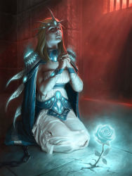 Rule 34 | 1girl, blonde hair, cape, chain, closed eyes, flower, injury, james ryman, leaf, legend of the cryptids, long hair, official art, praying, rose, sitting, solo, tiara, torn clothes