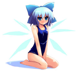 Rule 34 | 1girl, barefoot, blue eyes, blue hair, blush, cirno, female focus, matching hair/eyes, one-piece swimsuit, ribbon, school swimsuit, shin (new), short hair, sitting, solo, swimsuit, touhou, v arms, wariza, wings