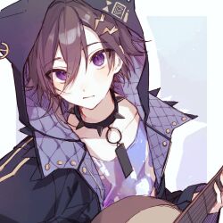 Rule 34 | 1boy, animal ear hood, bishounen, black hair, border, cheese oho, coat, collar, expressionless, fake animal ears, guitar, hair between eyes, hair ornament, highres, holding, holding guitar, holding instrument, holostars, hood, instrument, kanade izuru, kanade izuru (1st costume), lightning bolt, lightning bolt hair ornament, lightning bolt symbol, looking at viewer, male focus, open clothes, open coat, purple eyes, short hair, simple background, slit pupils, solo, spiked collar, spikes, upper body, white border
