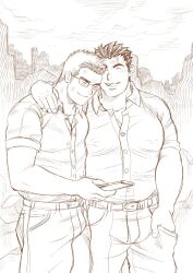 Rule 34 | 2boys, arm around shoulder, bara, belt, brown theme, closed mouth, couple, feet out of frame, glasses, goshingo1, hand in pocket, happy, highres, holding, holding phone, large pectorals, male focus, monochrome, motoori shiro, multiple boys, muscular, muscular male, pants, pectorals, phone, protagonist 3 (housamo), shirt, shirt tucked in, short hair, smile, thick eyebrows, tokyo houkago summoners, yaoi