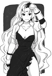 Rule 34 | 1girl, artist request, breasts, closed mouth, dress, fingerless gloves, gloves, greyscale, highres, jacket, jewelry, long hair, looking at viewer, monochrome, necklace, opera vectra, smile, solo, star ocean, star ocean the second story, third eye