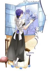 Rule 34 | 1girl, alternate costume, apron, blue hair, cleaning, commentary request, enmaided, from behind, full body, hair between eyes, long hair, long skirt, love live!, love live! school idol project, maid, maid apron, no shoes, reflection, short sleeves, skirt, smile, solo, sonoda umi, standing, white apron, window, yellow eyes