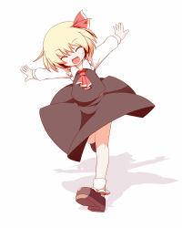 Rule 34 | 1girl, blonde hair, embodiment of scarlet devil, closed eyes, fang, female focus, hair ribbon, highres, md5 mismatch, miko machi, ribbon, rumia, running, short hair, solo, touhou