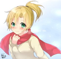 Rule 34 | 1girl, alternate costume, artist logo, beige sweater, blonde hair, commentary request, dated, green eyes, hair between eyes, highres, kantai collection, looking at viewer, maikaze (kancolle), mashiro yukiya, one-hour drawing challenge, parted bangs, ponytail, red scarf, scarf, short hair, short ponytail, smile, solo, white background