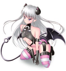 Rule 34 | 1girl, arched back, blunt bangs, demon girl, full body, long hair, low wings, mas2000, naruse maria, purple eyes, shinmai maou no testament, solo, thighhighs, white hair, wings