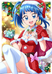 Rule 34 | 1girl, blue eyes, blue hair, box, breasts, capelet, christmas, cleavage, dated, dress, fur-trimmed capelet, fur-trimmed dress, fur-trimmed gloves, fur trim, gift, gift box, gloves, gradient background, hanzou, hat, highres, hirogaru sky! precure, holding, holding box, holding gift, holding sack, holly, looking at viewer, medium breasts, open mouth, precure, red dress, red gloves, red hat, sack, santa costume, santa hat, side ponytail, smile, solo, sora harewataru, thighhighs, twitter username, white thighhighs