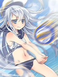 Rule 34 | 10s, 1girl, adapted costume, ball, bare shoulders, beach, beach volleyball, blue eyes, hat, hibiki (kancolle), kantai collection, kazami miki, long hair, morino (t morino), motion blur, own hands together, playing sports, sleeveless, solo, swimsuit, twitter username, verniy (kancolle), volleyball, volleyball (object), white hair