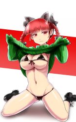 Rule 34 | 1girl, animal ears, areola slip, bikini, bikini under clothes, boots, braid, breasts, cat ears, cat girl, clothes lift, dress, extra ears, female focus, highres, kaenbyou rin, large breasts, long sleeves, looking at viewer, micro bikini, navel, red eyes, red hair, ribbed sweater, sinzan, sitting, solo, sweater, sweater dress, sweater lift, swimsuit, swimsuit under clothes, touhou, twin braids, underboob, wariza