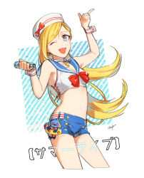 Rule 34 | 1girl, ;d, anchor necklace, arm up, blonde hair, blue sailor collar, blue shorts, bow, bowtie, breasts, cleavage, crop top, cropped legs, earrings, floating hair, fujimoto rina, grey eyes, hat, hat bow, holding, holding microphone, idolmaster, idolmaster cinderella girls, index finger raised, jewelry, long hair, looking at viewer, medium breasts, microphone, midriff, navel, necklace, one eye closed, open mouth, red bow, red bowtie, sailor collar, shell, shell earrings, short shorts, shorts, signature, simple background, sketch, smile, solo, standing, stomach, striped, striped background, swept bangs, very long hair, white background, white hat, wrist cuffs, yodokawa (yukko)