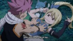 Rule 34 | 1boy, 1girl, accidental pervert, arm tattoo, blonde hair, breast grope, breast groping, breasts, embarrassed, fairy tail, grabbing, grabbing another&#039;s breast, groping, groping breast, happy (fairy tail), large breasts, long hair, lucy heartfilia, natsu dragneel, pink hair, scar, scar on face, scarf, shoulder tattoo, side ponytail, source request, tagme, tattoo, white scarf