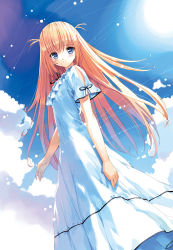Rule 34 | blue eyes, cloud, day, dress, from below, from side, long hair, lowres, sky, solo, standing, two side up, ueda ryou, very long hair