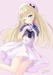 Rule 34 | 1girl, absurdres, blonde hair, blue eyes, blue sailor collar, dress, gloves, gradient background, hat, highres, hizaka, jervis (kancolle), kantai collection, looking at viewer, one eye closed, pink background, sailor collar, sailor dress, sailor hat, short sleeves, signature, solo, twitter username, white dress, white gloves, white hat
