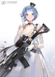 Rule 34 | 1girl, assault rifle, bare shoulders, black hairband, blue hair, breasts, cleavage, collarbone, commentary, crown, dress, earrings, expressionless, eyes visible through hair, girls&#039; frontline, gloves, gun, hair ornament, hair over one eye, hairband, hand in own hair, highres, holding, holding weapon, jewelry, kalashnikov rifle, medium breasts, official alternate costume, parted lips, pixiv id, plumw, red eyes, rifle, scope, short hair, single earring, solo, weapon, weibo watermark, white background, white dress, white gloves, zas m21 (girls&#039; frontline), zas m21 (white queen) (girls&#039; frontline), zastava m21