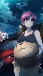 Rule 34 | 2girls, animal costume, bazett fraga mcremitz, breast rest, breasts, car, caren hortensia, city, cloud, collarbone, fate/kaleid liner prisma illya, fate (series), hand on own cheek, hand on own face, lamppost, mole, mole under eye, motor vehicle, multiple girls, night, night sky, official art, outdoors, red hair, sky, star (sky), starry sky