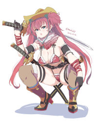Rule 34 | 1girl, bikini, black gloves, blue eyes, boots, breasts, commentary request, gloves, hair between eyes, hat, highres, holding, holding sword, holding weapon, kagura (oneechanbara), katana, kichihachi, large breasts, long hair, looking at viewer, oneechanbara, open mouth, pinky out, red bikini, red hair, simple background, swimsuit, sword, twintails, weapon, white background, yellow footwear, yellow headwear