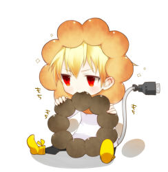 Rule 34 | 1boy, blonde hair, cable, chibi, cosplay, doughnut, earrings, eating, fang, fate/stay night, fate/zero, fate (series), food, gilgamesh (fate), haine (howling), jewelry, lion, male focus, mister donut, plug, pon de lion, pon de lion (cosplay), red eyes, short hair, sitting, solo, sparkle