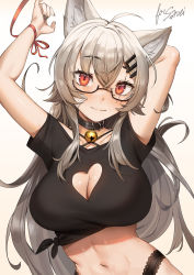 Rule 34 | 1girl, animal ears, bell, black nails, black panties, black shirt, breasts, cat ears, cleavage, cleavage cutout, clothing cutout, collar, grey hair, hair ornament, hairclip, heart cutout, highres, indie virtual youtuber, large breasts, long hair, nail polish, neck bell, panties, red eyes, saruei (vtuber), scar, scar across eye, scar on face, self-upload, shirt, solo, underwear, virtual youtuber, whispering for nothing