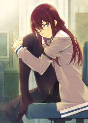 Rule 34 | 1girl, ;), black pantyhose, blue eyes, blush, brown hair, feet, hugging own legs, inato serere, lab coat, leg up, pantyhose under shorts, looking at viewer, makise kurisu, no shoes, one eye closed, own hands clasped, own hands together, pantyhose, shorts, sitting, smile, solo, steins;gate, wink