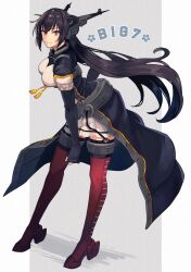 Rule 34 | 1girl, black coat, black gloves, black hair, breasts, closed mouth, coat, elbow gloves, full body, gloves, hair between eyes, headgear, highres, kantai collection, kasumi (skchkko), large breasts, long coat, long hair, nagato (kancolle), nagato kai ni (kancolle), open clothes, open coat, partially fingerless gloves, pleated skirt, red eyes, red footwear, rudder footwear, skirt, smile, solo, white skirt