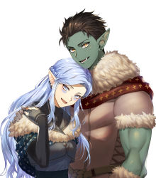 Rule 34 | 1boy, 1girl, :d, absurdres, arm around shoulder, black capelet, black hair, blue eyes, blue hair, blue nails, brown eyes, brown shirt, capelet, colored skin, commission, earrings, elf, fang, fingerless gloves, fur-trimmed sleeves, fur collar, fur trim, gloves, green skin, grey gloves, grey jacket, hand up, head tilt, highres, huge filesize, jacket, jewelry, long hair, looking at viewer, nail polish, ninto, open mouth, orc, original, pointy ears, shirt, short sleeves, simple background, smile, stud earrings, upper body, very long hair, white background