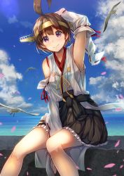 Rule 34 | 10s, 1girl, ahoge, alternate hair length, alternate hairstyle, antenna hair, bare shoulders, between legs, bird, blue sky, boots, brown hair, cherry blossoms, cloud, day, detached sleeves, hairband, hand between legs, highres, japanese clothes, kantai collection, kongou (kancolle), konkito, no legwear, nontraditional miko, oceab, ocean, petals, purple eyes, ribbon trim, sarashi, seagull, short hair, sitting, skirt, sky, solo, water