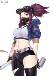 Rule 34 | 1girl, absurdres, akali, belt, black choker, black headwear, blue jacket, breasts, choker, cropped jacket, earrings, heart, highres, holding, holding weapon, hood, hood down, hooded jacket, jacket, jewelry, k/da (league of legends), k/da akali, large breasts, league of legends, long hair, mask, midriff, mouth mask, navel, red hair, simple background, solo, stomach, weapon, wei miao, white background