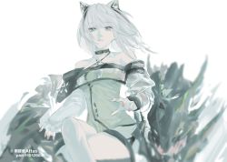 Rule 34 | 1girl, animal ears, arknights, atianshi, bare shoulders, belt collar, collar, criss-cross halter, dress, fingernails, green dress, green eyes, grey hair, halterneck, highres, kal&#039;tsit (arknights), long hair, looking at viewer, nail polish, parted lips, red nails, short dress, simple background, sitting, solo, white background