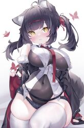 Rule 34 | 1girl, absurdres, ahoge, animal ear fluff, animal ears, arm support, black hair, black jacket, bow, breasts, bug, butterfly, clothes down, cowboy shot, extra ears, fang, fingerless gloves, fur-trimmed jacket, fur trim, gloves, hair bow, highres, insect, jacket, konagi (konotuki), large breasts, leaning, leotard, light blush, looking at viewer, medium hair, micro shorts, navel, necktie, open clothes, open jacket, original, red bow, red necktie, see-through, see-through leotard, shorts, skin fang, skindentation, solo, tail, thighhighs, thighs, twintails, white background, white thighhighs, yellow eyes