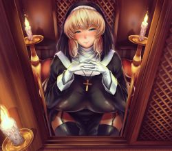 Rule 34 | 1girl, black robe, blonde hair, blush, breasts, candle, candlestand, cross, cross necklace, fire, gloves, green eyes, habit, highres, huge breasts, indoors, jewelry, large breasts, long sleeves, looking at viewer, mole, mole under eye, necklace, nun, original, robe, sitting, smile, solo, tomako (tatihitoe), white gloves