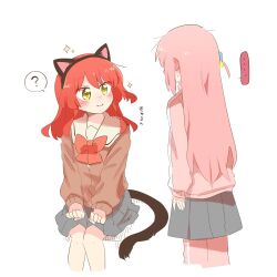 Rule 34 | ..., 2girls, :3, ?, animal ears, blush, bocchi the rock!, bow, bowtie, brown cardigan, cardigan, cat ears, cat tail, closed mouth, commentary request, ear blush, fake animal ears, feet out of frame, gotoh hitori, grey skirt, hair ornament, jacket, kita ikuyo, long sleeves, looking at another, medium hair, miniskirt, multiple girls, pants, pink hair, pink jacket, pink pants, pleated skirt, rebecca (keinelove), red bow, red bowtie, red hair, sailor collar, school uniform, simple background, sitting, skirt, smile, sparkle, spoken ellipsis, spoken question mark, standing, tail, track jacket, track pants, white background, white sailor collar, yellow eyes
