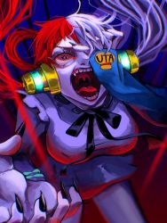 Rule 34 | 1girl, artist request, breasts, corruption, crazy eyes, creepy, fangs, fingernails, grin, hair over one eye, hand in own hair, highres, idol, large breasts, long hair, long sleeves, looking up, multicolored hair, neon lights, one piece, one piece film: red, open mouth, red eyes, red hair, sharp fingernails, sharp teeth, smile, teeth, title, tot musica (one piece), two-tone hair, upper body, uta (one piece), very long hair, wavy eyes, yandere