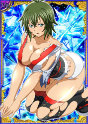 Rule 34 | 00s, 1girl, ass, breasts, card (medium), dress, female focus, green hair, huge ass, ikkitousen, japanese clothes, kimono, kyocho chuukou, large breasts, looking at viewer, panties, shiny skin, short hair, solo, underwear