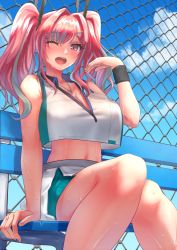 Rule 34 | 1girl, arm support, artist request, azur lane, bare shoulders, bench, bow, breasts, bremerton (azur lane), bremerton (scorching-hot training) (azur lane), chain-link fence, commentary request, crop top, crop top overhang, day, fence, grey hair, hair between eyes, hair bow, hair ornament, hairclip, heart, heart necklace, highres, jewelry, large breasts, long hair, mole, mole under eye, multicolored hair, necklace, one eye closed, open mouth, pink hair, sportswear, streaked hair, tennis, tennis uniform, twintails, two-tone hair, two-tone shirt, two-tone skirt, x hair ornament