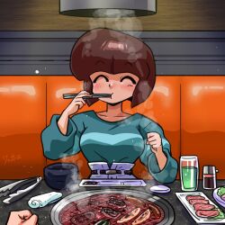 Rule 34 | 1girl, 1other, ^ ^, belt, belt buckle, blunt bangs, blunt ends, blush, bob cut, booth seating, bowl, breasts, brown belt, buckle, chopsticks, chopsticks in mouth, clenched hand, closed eyes, collarbone, commentary, cooking, cup, drinking glass, eating, elbow rest, facing viewer, food, green sweater, grill, grilling, high-waist pants, holding, holding chopsticks, large breasts, lettuce, meat, melon soda, on bench, pants, plate, pov, pov hands, raised eyebrows, ranma 1/2, restaurant, sauce, sausage, short hair, single horizontal stripe, sitting, solo focus, steam, sweater, table, tendou nabiki, tongs, upper body, very long sleeves, wanta (futoshi), wash cloth, white pants, yakiniku