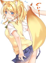 Rule 34 | 1girl, animal ears, assisted exposure, ayase eli, blonde hair, blue eyes, blush, bow, bowtie, clothes lift, commentary request, flying sweatdrops, fox ears, fox tail, green bow, green bowtie, kemonomimi mode, lifted by tail, love live!, love live! school idol project, mogu (au1127), otonokizaka school uniform, ponytail, school uniform, short sleeves, sidelocks, simple background, skirt, skirt lift, solo focus, sweater vest, tail, tail grab, wavy mouth, white background