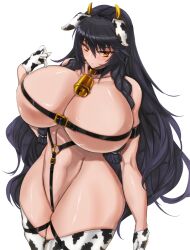 Rule 34 | 1girl, animal ears, animal print, black hair, blush, breasts, character request, chest belt, chestnut mouth, collar, cow ears, cow horns, cow print, cow print gloves, cow print thighhighs, cowboy shot, curvy, dutch angle, eyelashes, female focus, functionally nude, gond, hair between eyes, half-closed eyes, head tilt, horns, huge breasts, impossible clothes, long hair, o-ring, print gloves, print thighhighs, shiny skin, solo, thick thighs, thighs, white background, wide hips, yellow eyes