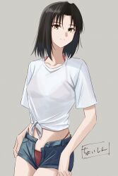 Rule 34 | 1girl, alternate costume, bikini, bikini under clothes, black hair, closed mouth, collarbone, commentary request, denim, denim shorts, forehead, grey background, highres, kara no kyoukai, looking at viewer, open clothes, open shorts, red bikini, ryougi shiki, shintyoi2, shirt, short hair, short shorts, short sleeves, shorts, simple background, smile, solo, swimsuit, yellow eyes
