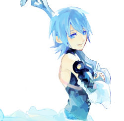 Rule 34 | 1girl, aqua (kingdom hearts), bare shoulders, blue eyes, blue hair, closed mouth, detached sleeves, hair between eyes, holding, holding weapon, keyblade, kingdom hearts, kingdom hearts birth by sleep, long sleeves, ramochi (auti), short hair, simple background, smile, solo, weapon, white background, wide sleeves