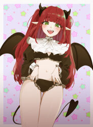Rule 34 | 1girl, 92abe1, absurdres, black panties, cosplay, cropped shirt, demon girl, demon horns, demon tail, demon wings, fangs, frilled panties, frills, green eyes, highres, horns, kitagawa marin, midriff, navel, open mouth, panties, pointy ears, red hair, solo, sono bisque doll wa koi wo suru, star (symbol), starry background, tail, underwear, wings