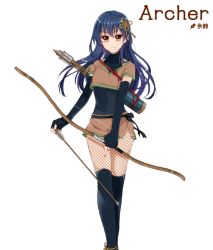 Rule 34 | 1girl, arrow (projectile), black gloves, black thighhighs, blue hair, blush, bow (weapon), elbow gloves, feet out of frame, fingerless gloves, fishnets, gloves, hair between eyes, hair ornament, holding, holding bow (weapon), holding weapon, long hair, looking at viewer, love live!, love live! school idol festival, love live! school idol project, open mouth, purin (purin0), smile, solo, sonoda umi, standing, thighhighs, transparent background, weapon, yellow eyes