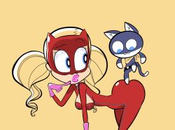 Rule 34 | 10s, 1girl, animated, animated gif, ass, blonde hair, blue eyes, cat, catsuit, earrings, hotdiggedydemon, jewelry, jiggle, lips, mask, morgana (persona 5), persona, persona 5, simple background, solo, takamaki anne, twintails