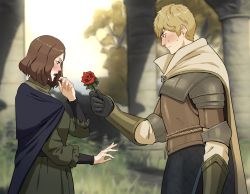 Rule 34 | 1boy, 1girl, armor, black gloves, blonde hair, blue cape, blurry, blurry background, blush, brown eyes, brown hair, cape, closed mouth, commentary, dress, elden ring, english commentary, flower, francisco mon, from side, gauntlets, gloves, grass, green dress, highres, holding, holding flower, melina (elden ring), open mouth, red flower, red rose, rose, short hair, surprised, sweatdrop, tarnished (elden ring), tree, white cape